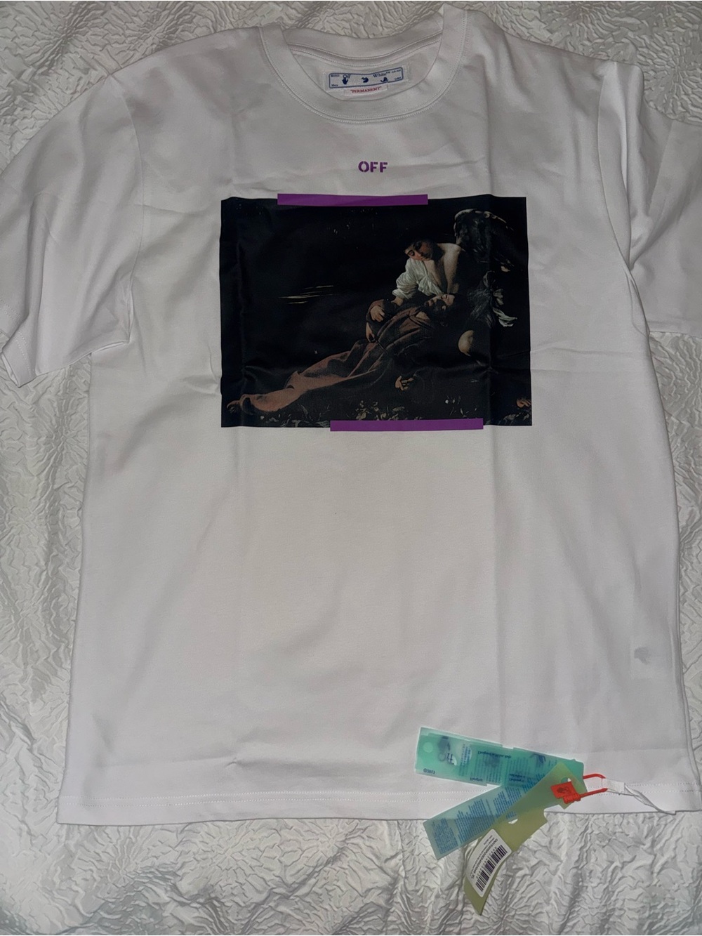 Off-White White Short Sleeve Tee with Dark Art Graphic and Purple Accents